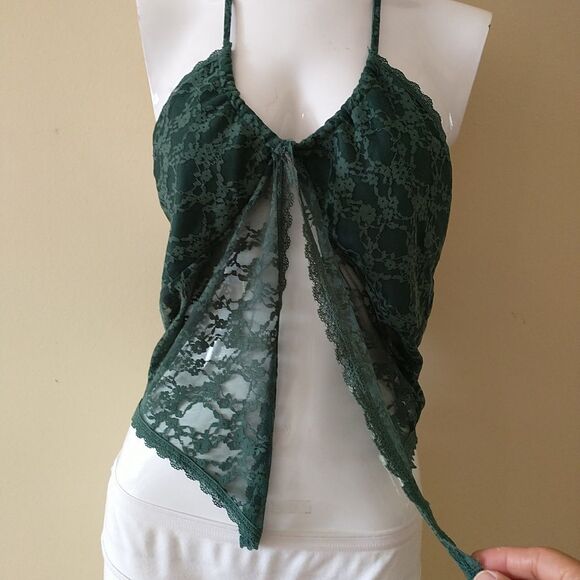 Butterfly Fly Away Cami Top L Kelly Green Lace Sheer Halter Open Y2K Halter - Picture 2 of 9